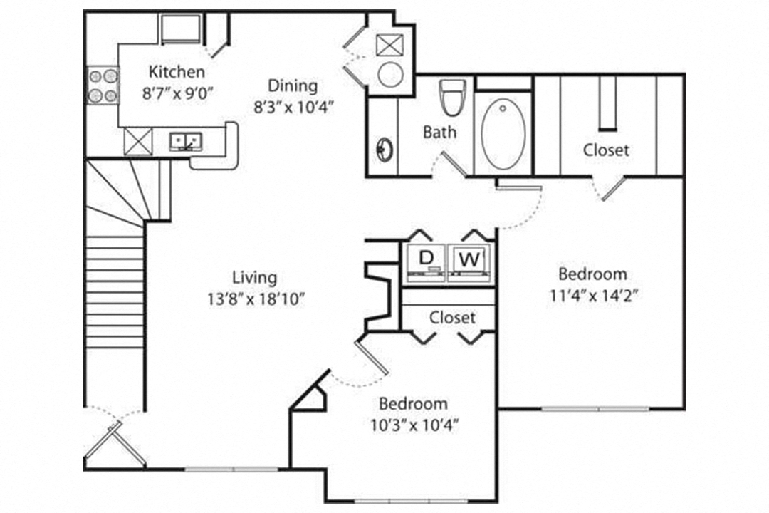 Floor plan for 2 beds, 1 bath, 976 sqft